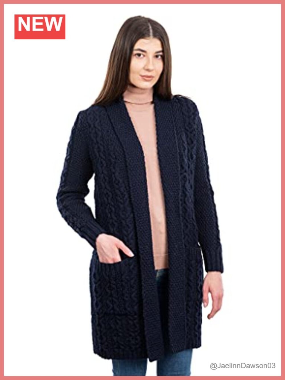 SAOL 100% Merino Wool Open Front Cable Knit Long Cardigan Sweater Coat